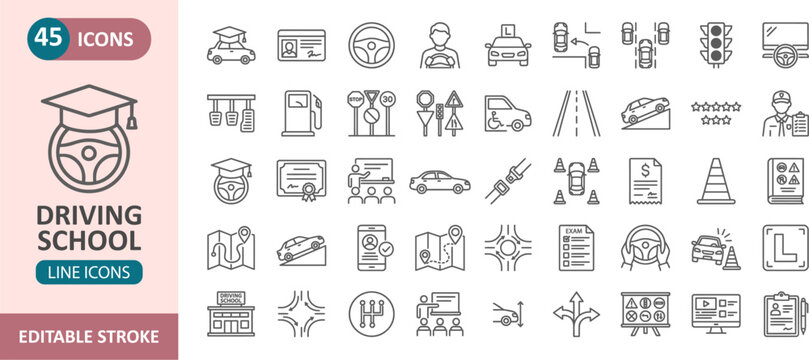 Driving school line icons set for driver education and traffic rules with education transport training automotive instructor automobile navigation transportation drivingtest learning