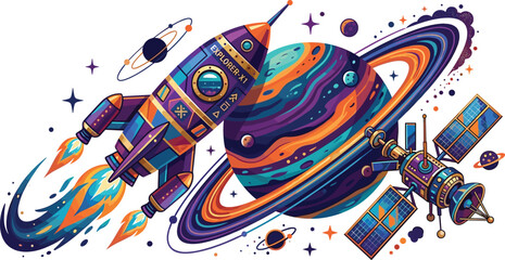 Retro Futuristic Outer Space Vector Illustration with Colorful Rocket Ship Saturn Like Ringed Planet and Satellite for Sci-Fi Galaxy Astronomy Designs © Ckd