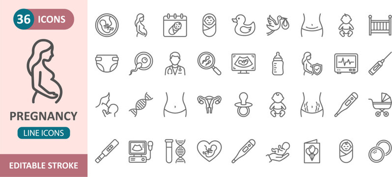 Pregnancy and maternity line icon set with pregnancy maternity healthcare motherhood ultrasound obstetrics pediatric collection parenting childbirth prenatal hospital delivery gestation