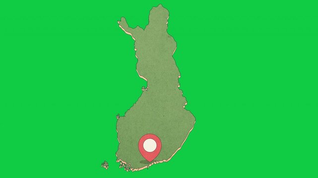 Animated Finland Map with Bouncing Location Marker on Helsinki City, Transparent Background, Alpha Channel, 4K resolution