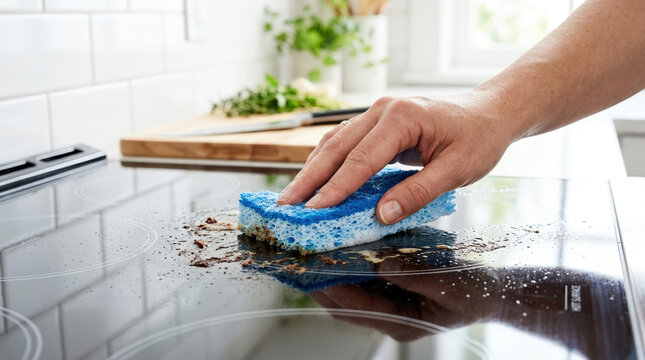 Person wiping a dirty glass stove top with a blue wet sponge. Cleaning kitchen appliances