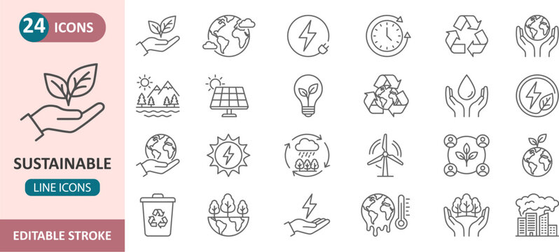Sustainable living and environmental protection line icon set with eco friendly sustainable environment recycling conservation protection renewable pollution friendly resource conscious