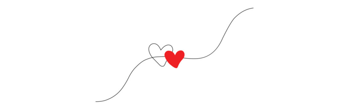 Continuous line drawing of two hearts with red color accent, minimalist love concept vector