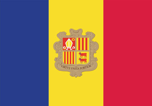 Andorra flag featuring vertical blue, yellow, and red stripes with the national coat of arms centered, symbolizing independence, heritage, and unity.