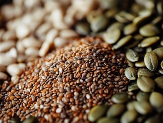 Obraz premium Assorted seeds including flax, pumpkin, sesame, and sunflower presented in detailed close-up arrangement highlighting structured nutrition planning