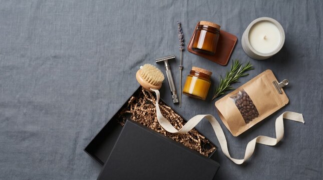 Mens grooming gift set flat lay with safety razor candle and coffee scrub on grey linen copy space