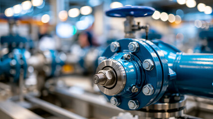 Fototapeta premium Blue pipe processing equipment on a water-resistant production line under clean factory lighting with strong lines and organized engineering detail, capturing material logistics,