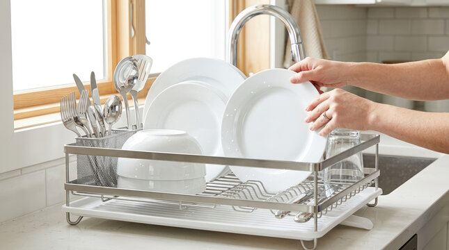 Hands organizing clean wet plates in a kitchen dish drying rack. Stainless steel rack with white dishes and cutlery on a bright countertop. Housekeeping and daily chores