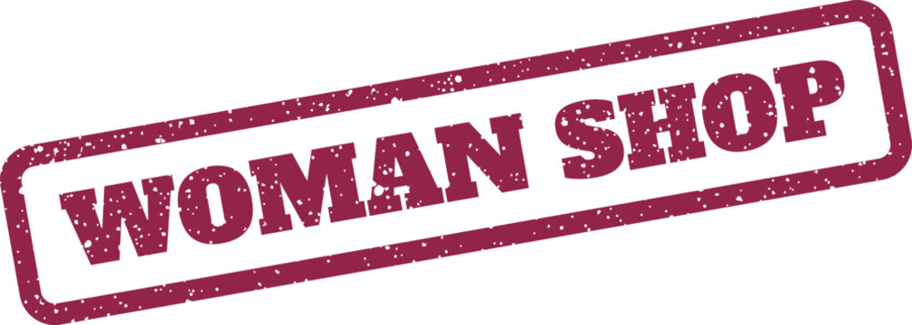 Woman shop rubber stamp icon with distressed texture in an angled rectangular frame design style