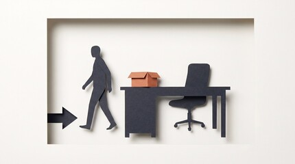 Fototapeta premium Minimalist papercut art of a man silhouette walking away from a desk with an empty chair and a cardboard box, arrow pointing to the exit, concept of quitting a job, firing, or retirement.