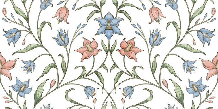 Floral seamless pattern with bell flowers and winding stems on isolated background. Watercolor botanical repeat for wallpaper, textiles and surface design. Decorative vintage floral backdrop.