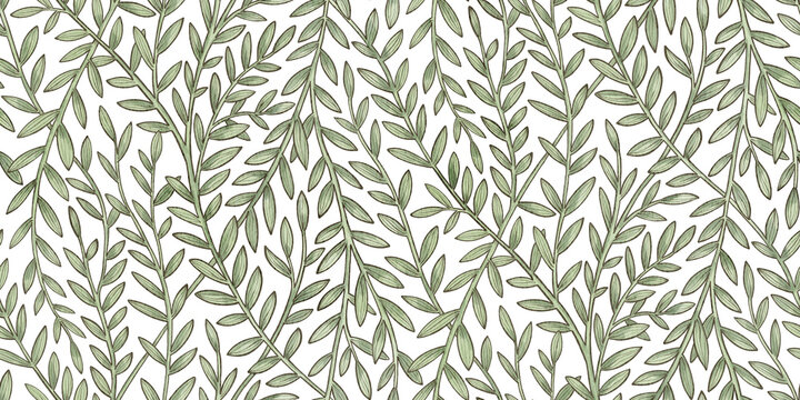 Leaf seamless pattern with botanical foliage on isolated background. Watercolor ornamental repeat inspired by vintage English textiles for wallpaper, fabric print and surface design with Branches.