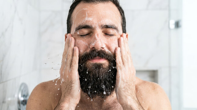 Close up of a bearded man washing his face with foaming cleanser in a marble shower. Male skincare and grooming routine with water splashes