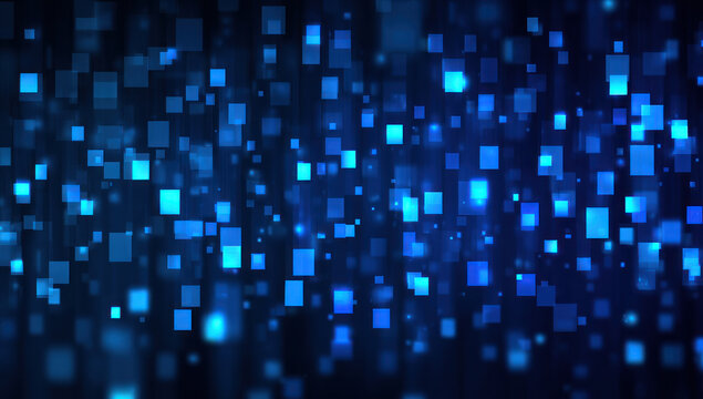 A dark backdrop filled with scattered glowing blue square digital particles, forming a futuristic abstract tech visual.