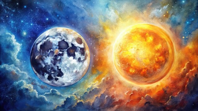 Watercolor painting of a moon and sun with abstract background