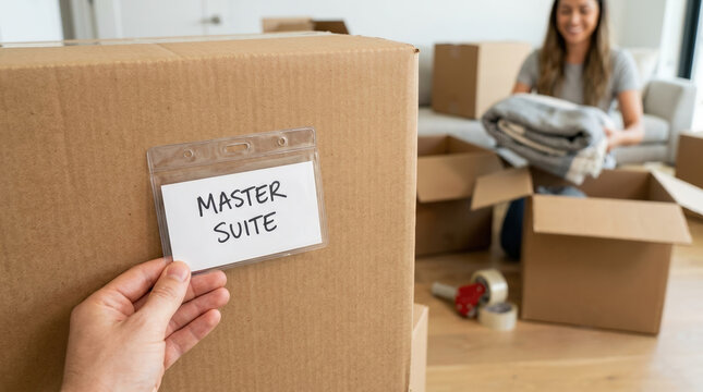 Hand labeling a cardboard moving box with master suite sign. Relocation and packing concept with a woman organizing boxes in the background