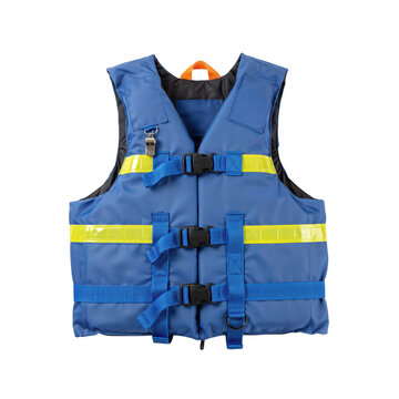 Blue life jacket with reflective yellow strips and plastic buckles, safety equipment for water sports, isolated on a white background, for safety