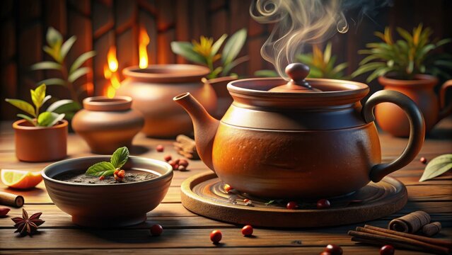 Hot tea in a clay pot