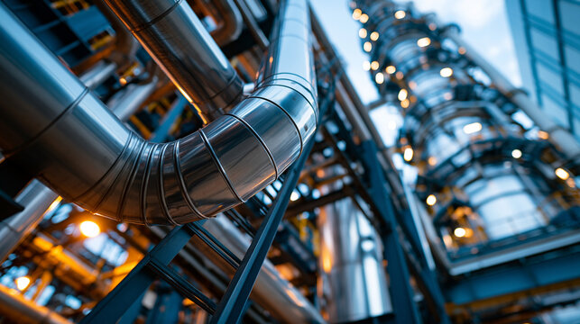 Modern industrial metal pipes viewed from below with technical ladder captured in documentary stock photography style with clear technical composition, emphasizing mechanical operation,