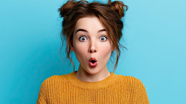 Portrait of a shocked young woman with a surprised expression on a blue background.