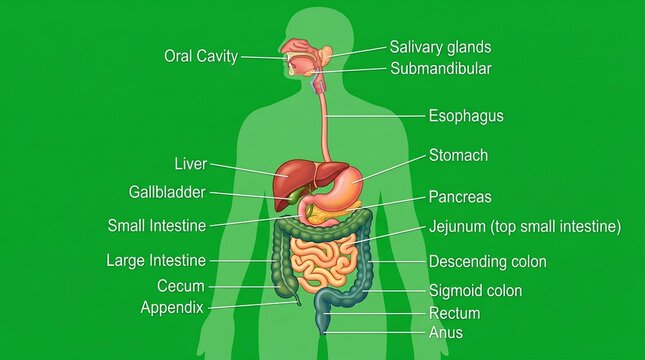 Detailed Human Digestive System Anatomy Illustration on Solid Green Background