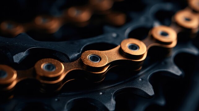 Macro shot of a shiny bronze bicycle chain engaged with dark gear teeth, highlighting precision engineering