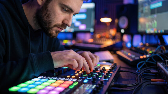 Focused man using digital music controller in dark studio, music production mix session