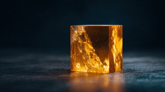 Captivating golden orange resin cube glowing with dynamic energy on a dark, textured ground.
