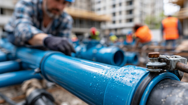 Large blue PVC water pipe installed during high-rise building construction captured in documentary stock photography style with clear technical composition, emphasizing mechanical