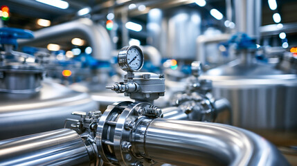 Fototapeta premium Stainless steel food production equipment with pipes, tanks and measuring instruments captured in documentary stock photography style with clear technical composition, emphasizing