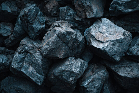 A close-up shot of irregular, rough raw coal lumps piled together, showing dark carbonaceous texture.