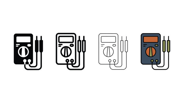 Digital multimeter icons with probes in various styles for electrical testing and measurement Isolated on white background