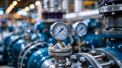 Fototapeta premium Mechanical room with water pumps, expansion joints and pressure meters with realistic metal textures, bolts, gauges and worn industrial surfaces, showing maintenance workflow, quality