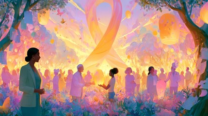 Fototapeta premium A vibrant community gathering for cancer awareness featuring diverse individuals, healthcare professionals, and supporters engaging in dialogue. Ideal for educational campaigns, healthcare promotion,