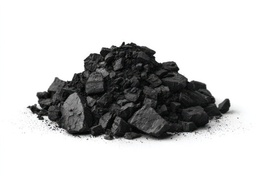A pile of black charcoal fragments and powder isolated on a plain white background, showing rough solid texture.