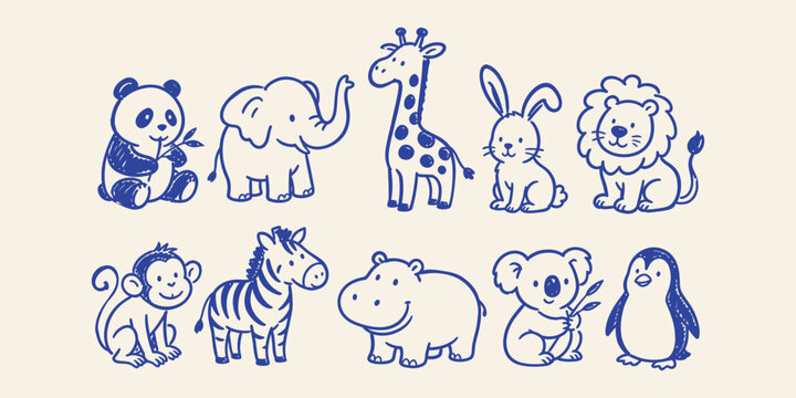 cute wild animals and zoo safari doodle icon set with panda elephant giraffe rabbit lion and monkey vector illustration