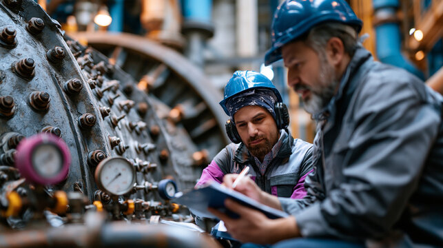 Industrial workers discussing operations near a large grinding mill with realistic metal textures, bolts, gauges and worn industrial surfaces, showing maintenance workflow, quality