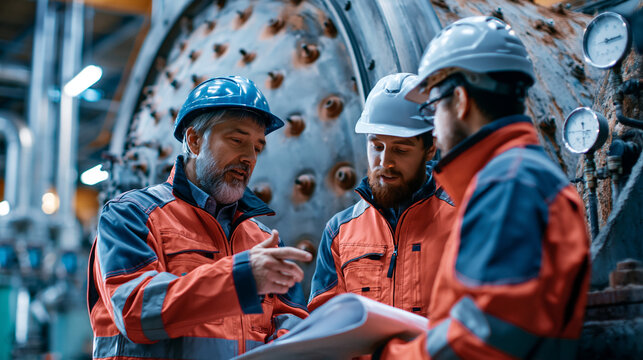 Industrial workers discussing operations near a large grinding mill with realistic metal textures, bolts, gauges and worn industrial surfaces, showing maintenance workflow, quality