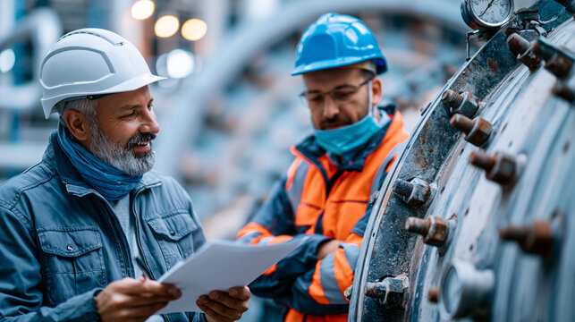 Industrial workers discussing operations near a large grinding mill with realistic metal textures, bolts, gauges and worn industrial surfaces, showing maintenance workflow, quality