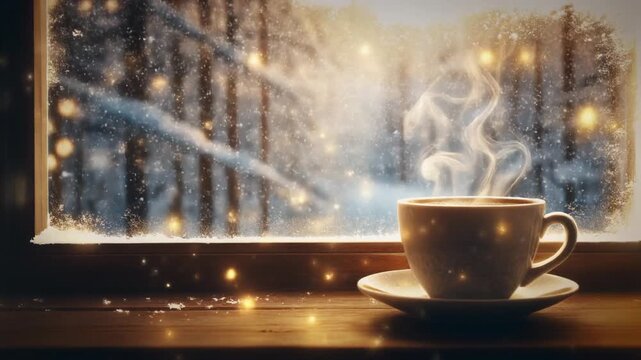 Dreamy Winter Coffee Scene with Glowing Snowfall Outside Large Frosted Window, Elegant Steaming Hot Drink Cozy Atmosphere