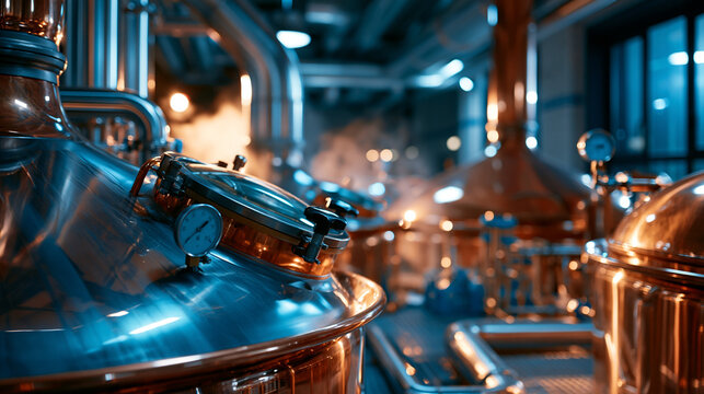 Large copper tanks with stainless brewing pipes in a modern food factory with cinematic industrial atmosphere, subtle steam and high-detail machinery, highlighting engineering systems,