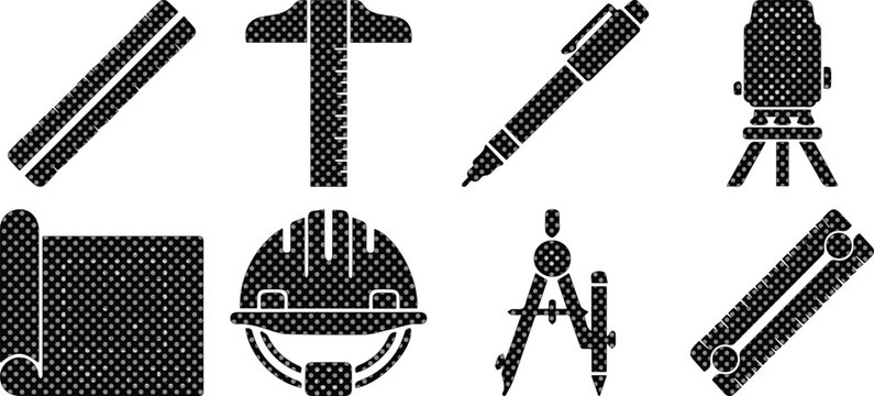 Engineering and architecture icons with halftone texture, professional construction tools set of 8 vectors, blueprint and drafting equipment