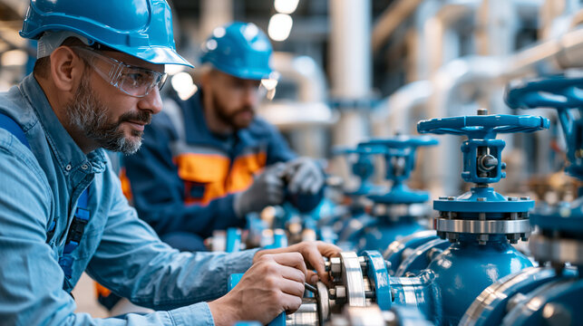 Industrial technicians operating large pipeline valves during cooling system maintenance under clean factory lighting with strong lines and organized engineering detail, capturing material