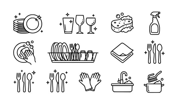 Clean dishes and dishwashing vector icon set with sponge soap and tableware
