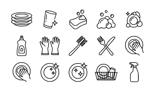 Clean dishes line icon vector set with plates sponge soap bubbles and tableware