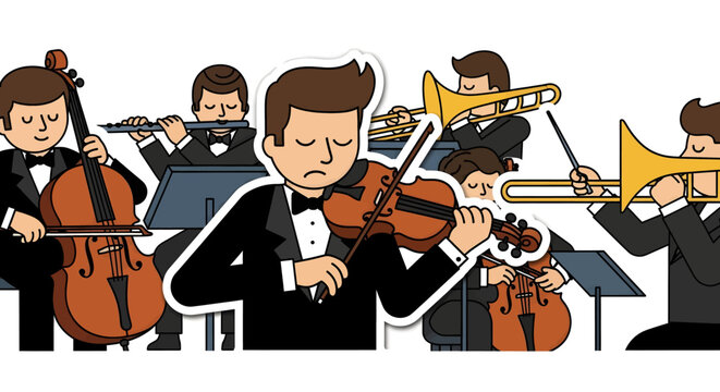 Cartoon musicians playing orchestra instruments.