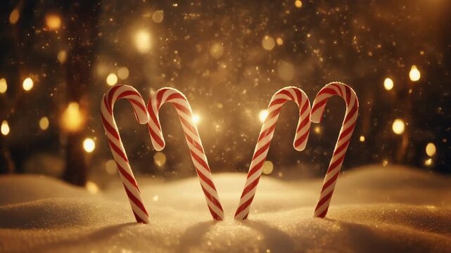 Elegant Red and White Striped Candy Canes in Soft Snow with Golden Christmas Lights and Gently Falling Glitter, Full HD Motion Background