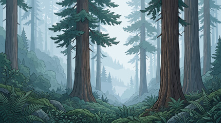 Misty Redwood Forest Valley With Towering Sequoia Trees, Lush Green Ferns, Mossy Rocks And Ethereal Fog Drifting Between Ancient Trunks Vector Illustration © illustra