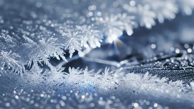 Macro View of Delicate Ice Crystals Forming Patterns on a Cold Surface During Winter Season