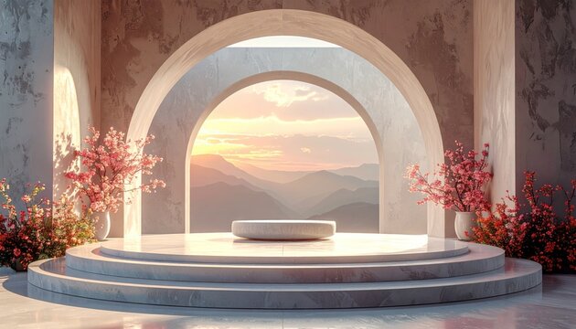 A serene outdoor archway frames a platform with sunset over layered mountains, blossoms frame